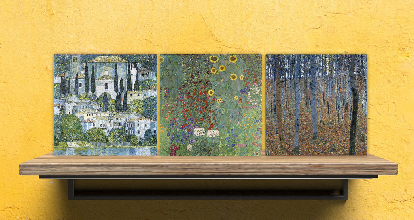 Gustav Klimt Set of 3 Ceramic tiles, Ceramic Decor Tiles, Kitchen Backsplash Tiles, Bathroom Tiles, Art Nouveau print, Gustav Klimt print