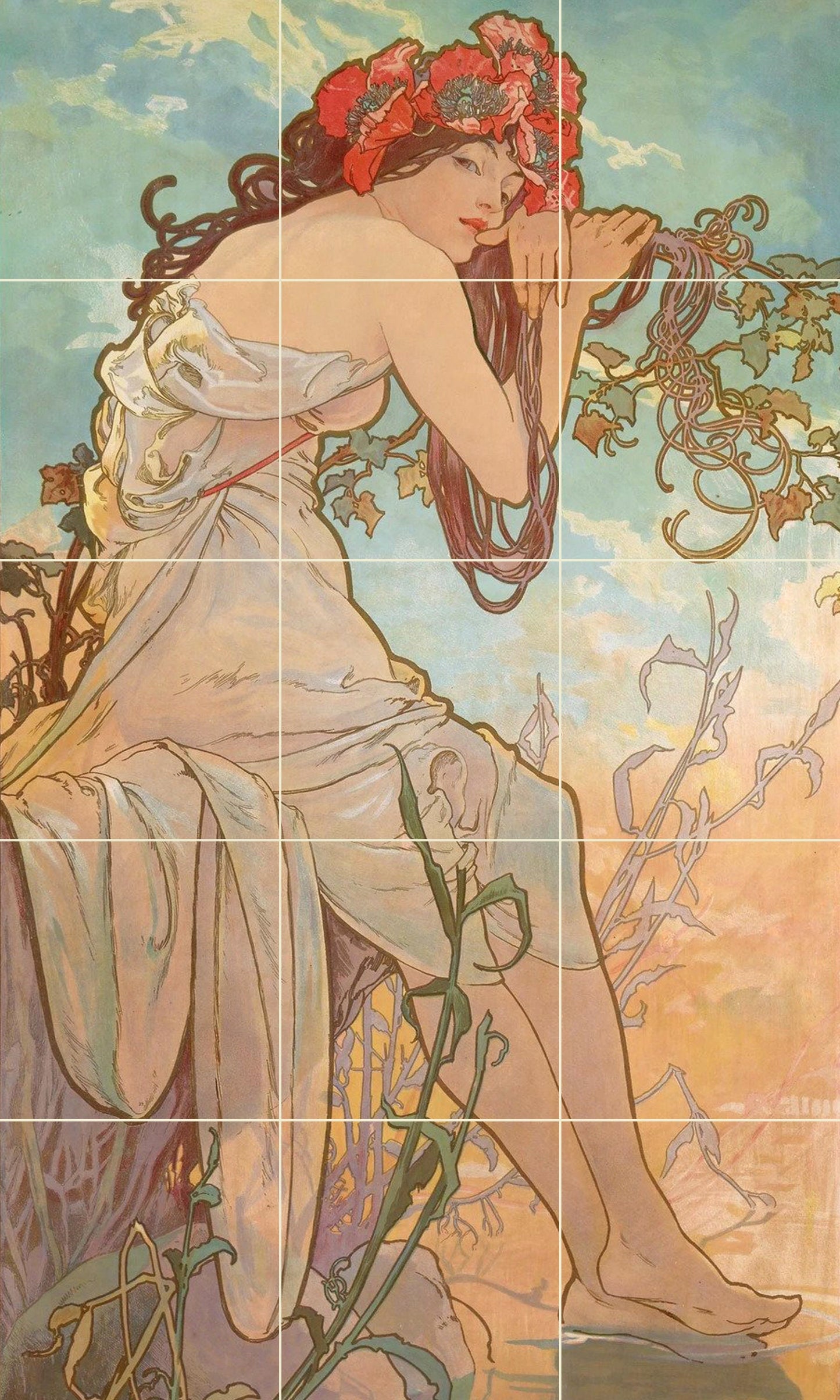 Tile Mural/Mosaic Ceramic Panel of Alphonse Mucha Les Saisons Eté - Mucha wall print - Mucha wall art -Tile Mural - Gloss Tiles- Tile Mosaic