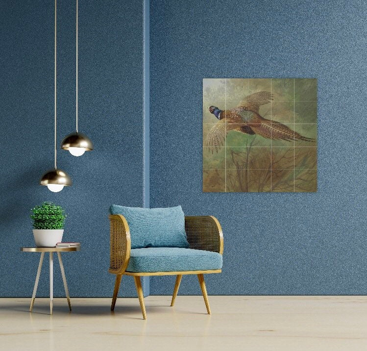 Tile Mural/Mosaic Ceramic Panel of a Pheasant in Flight - Archibald Thorburn - Birds Mural - Bird Mosaic - Gloss Tiles - Pheasant Mosaic Art