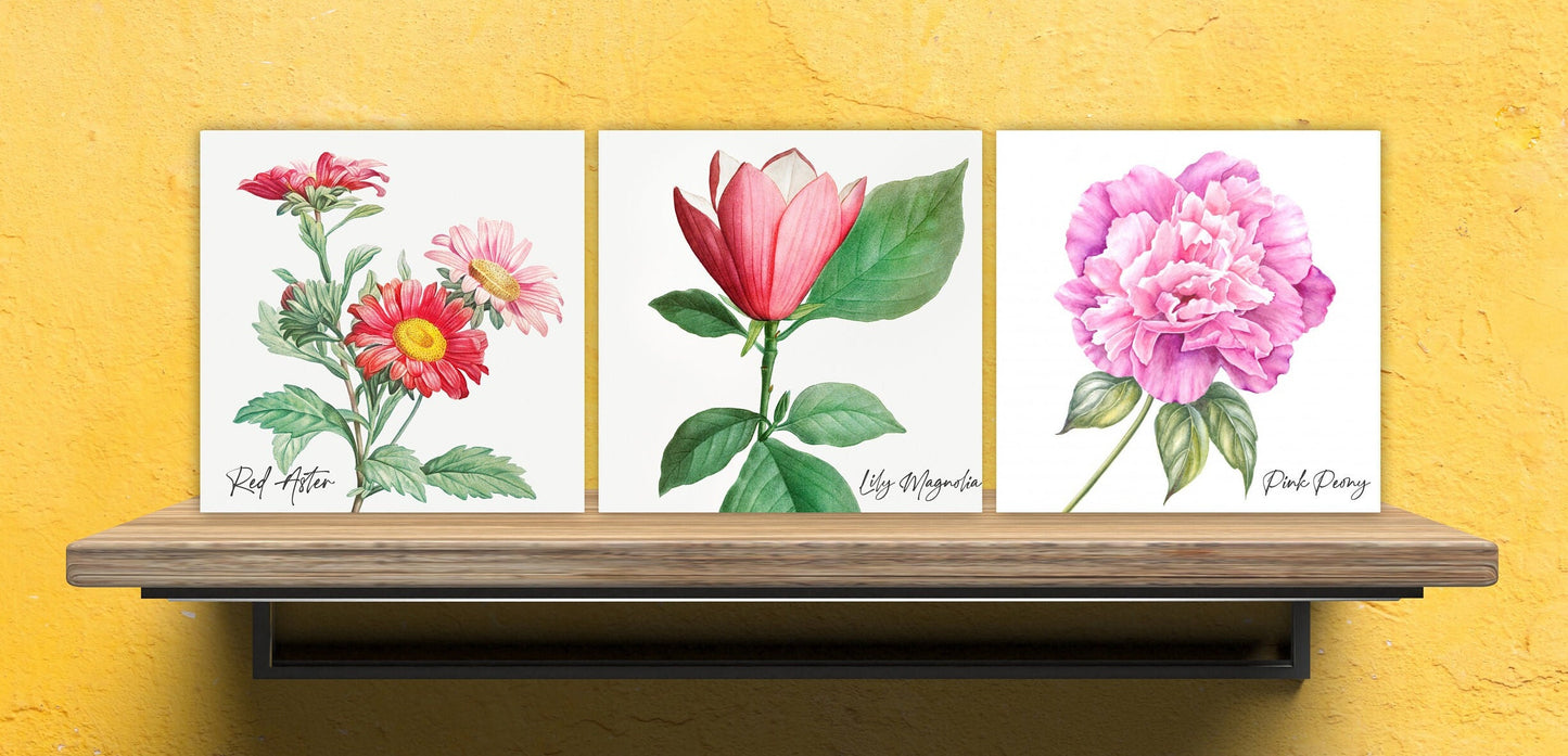 Vintage Botanical Print Ceramic Tiles - Set of 3 Ceramic Decor Tiles - Kitchen Backsplash Tiles, Bathroom Tiles, Botanical wall art