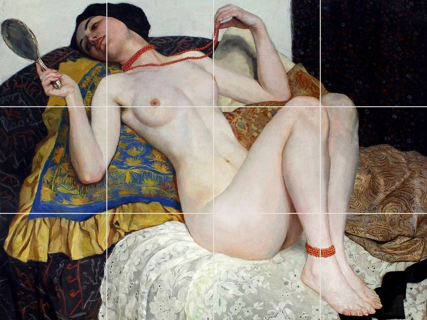 Tile Mural/Mosaic Ceramic Panel of Wilhelm Gallhof The Coral Necklace - Gallhof wall art - Tile Mural - Gloss Tiles - Tile Mosaic -Nude art