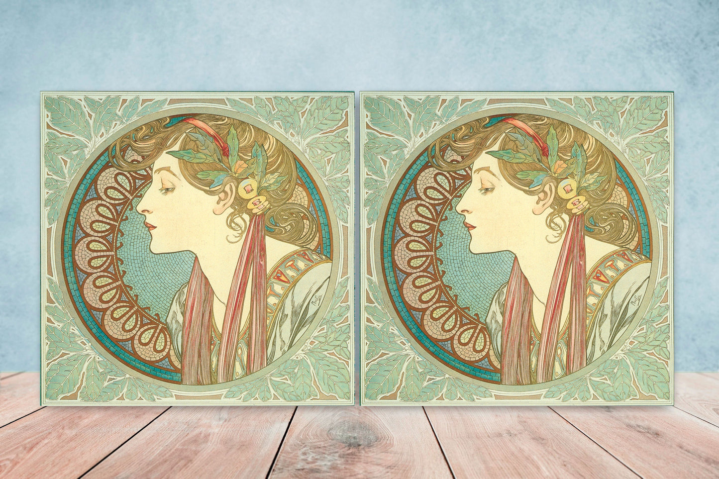 Art Nouveau Flower Ceramic tiles - Set of 2 Art Nouveau Wall Decor Tiles - Kitchen Backsplash Tiles, Table Decorative Tiles, Bathroom Tiles