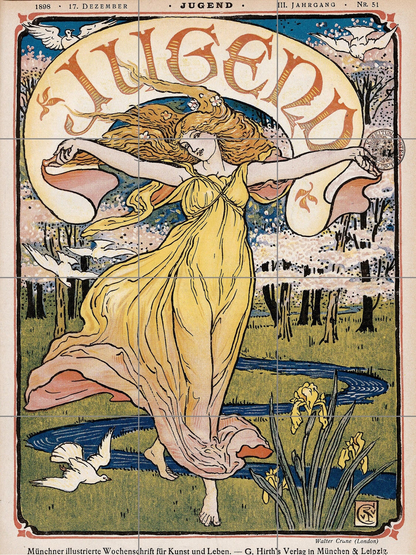 Tile Mural/Mosaic Ceramic Panel of Walter Crane Jugend - Walter Crane wall art - Art Nouveau Tile Mural - Tile Mosaic - Accent tiles