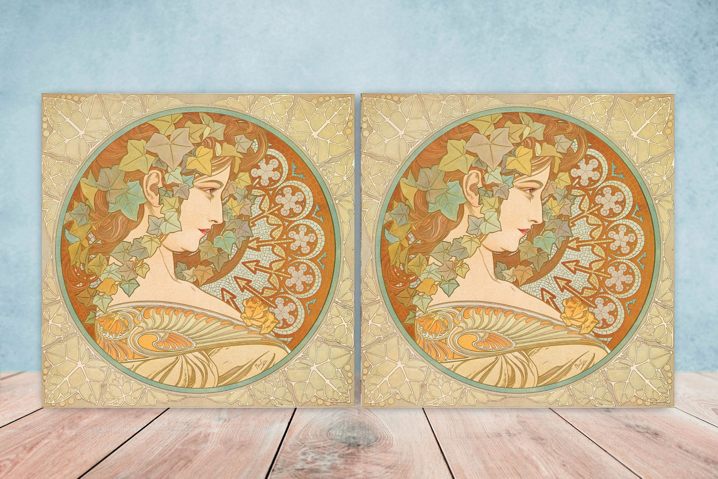 Art Nouveau Flower Ceramic tiles - Set of 2 Art Nouveau Wall Decor Tiles - Kitchen Backsplash Tiles, Table Decorative Tiles, Bathroom Tiles