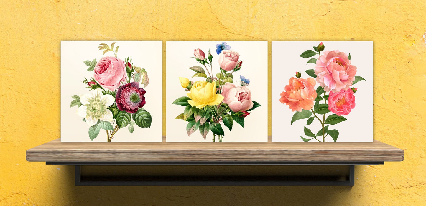 Vintage Botanical Print Ceramic Tiles - Set of 3 Ceramic Decor Tiles - Kitchen Backsplash Tiles, Bathroom Tiles, Botanical wall art