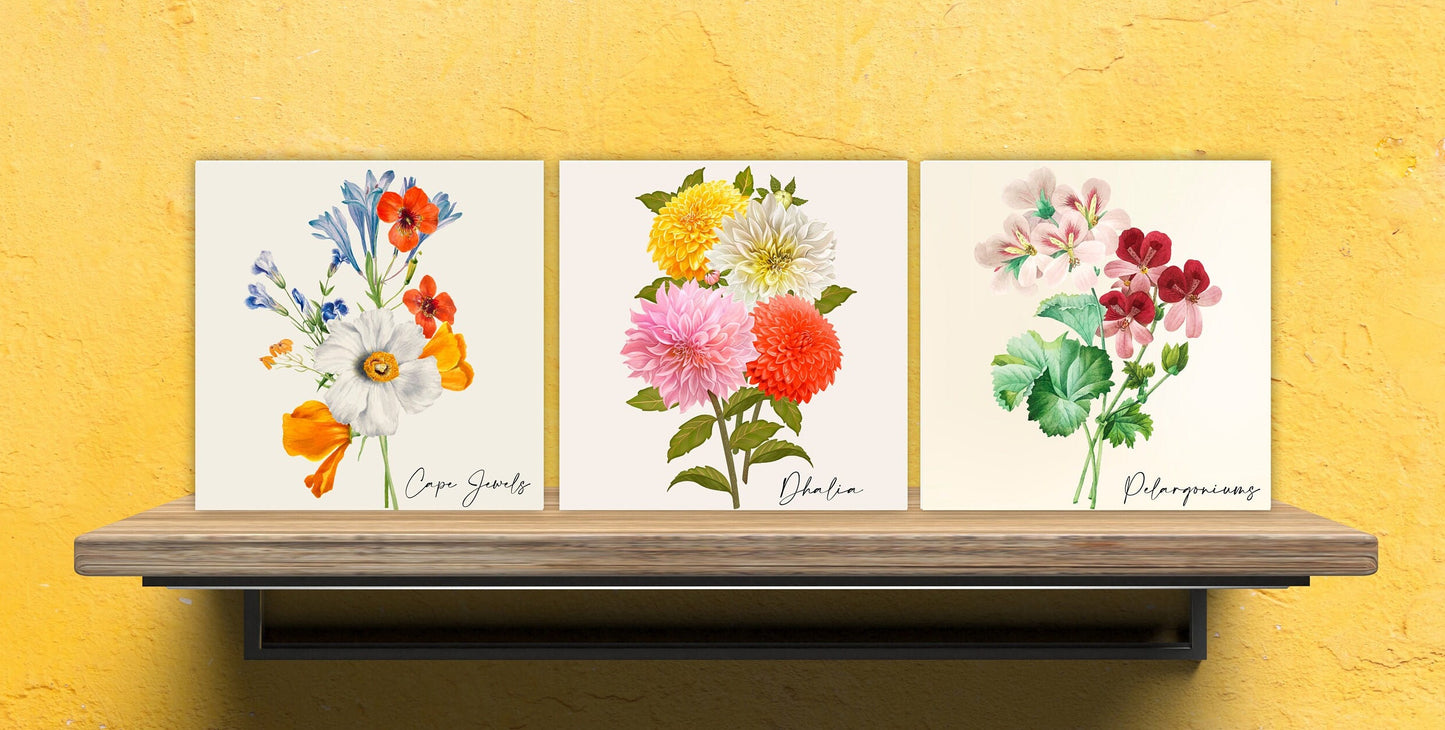 Vintage Botanical Print Ceramic Tiles - Set of 3 Ceramic Decor Tiles - Kitchen Backsplash Tiles, Bathroom Tiles, Botanical wall art
