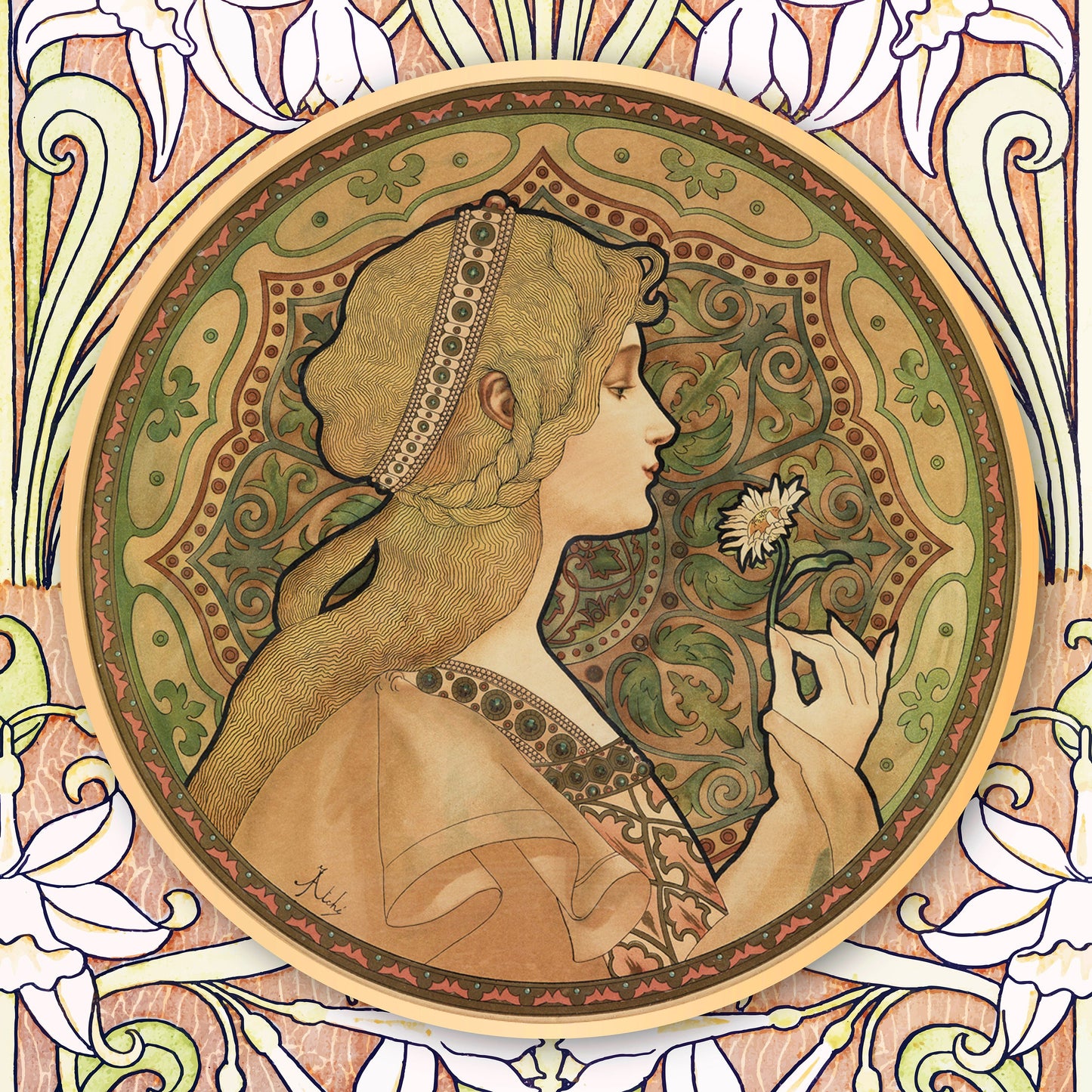 Art Nouveau Flower Ceramic tiles - Set of 2 Art Nouveau Wall Decor Tiles - Kitchen Backsplash Tiles, Table Decorative Tiles, Bathroom Tiles