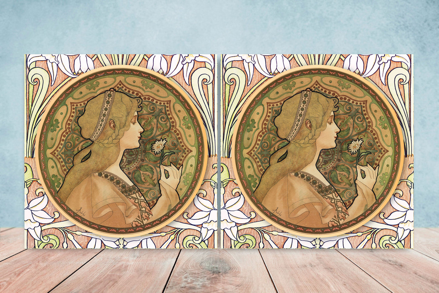 Art Nouveau Flower Ceramic tiles - Set of 2 Art Nouveau Wall Decor Tiles - Kitchen Backsplash Tiles, Table Decorative Tiles, Bathroom Tiles