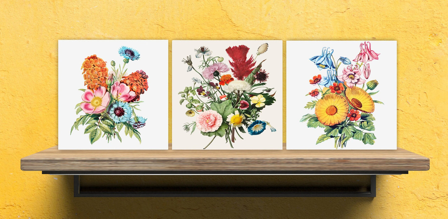 Vintage Botanical Print Ceramic Tiles - Set of 3 Ceramic Decor Tiles - Kitchen Backsplash Tiles, Bathroom Tiles, Botanical wall art