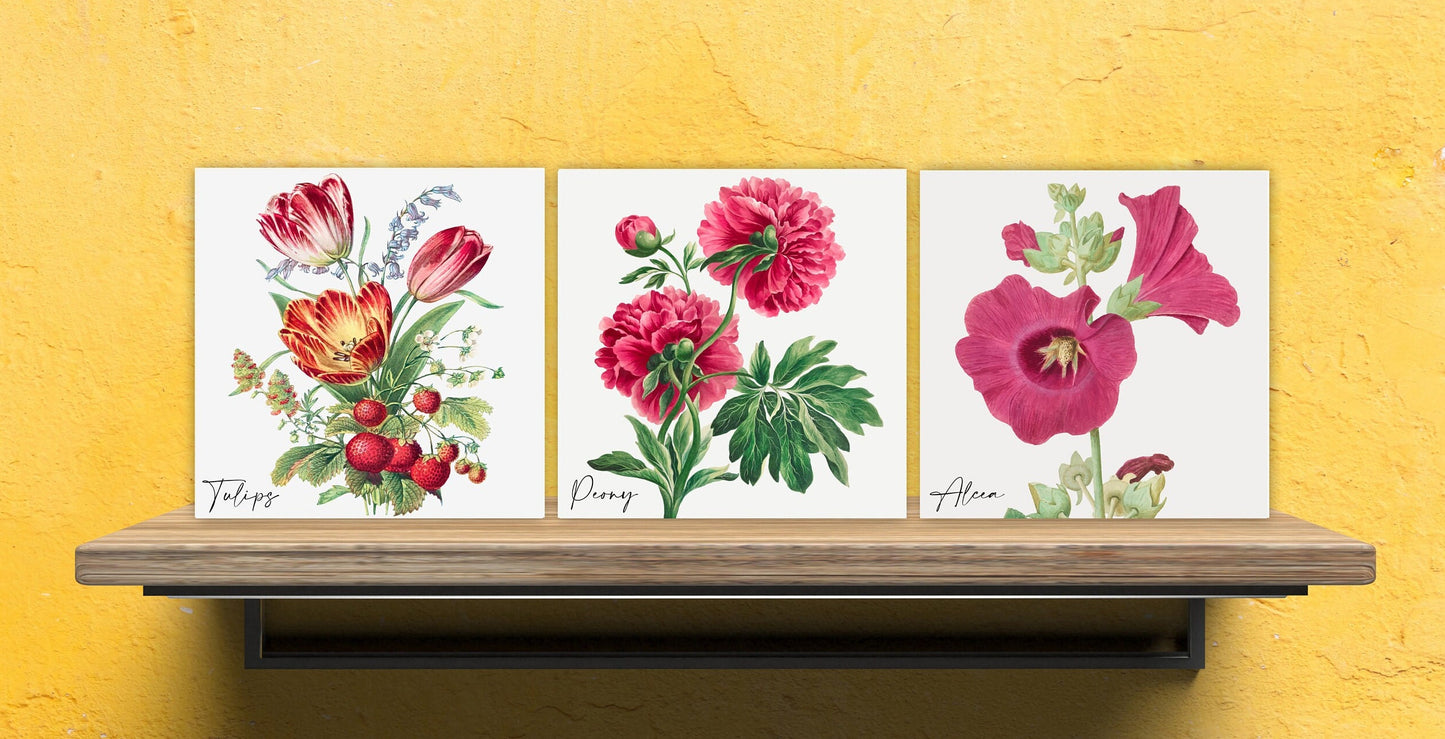 Vintage Botanical Print Ceramic Tiles - Set of 3 Ceramic Decor Tiles - Kitchen Backsplash Tiles, Bathroom Tiles, Botanical wall art