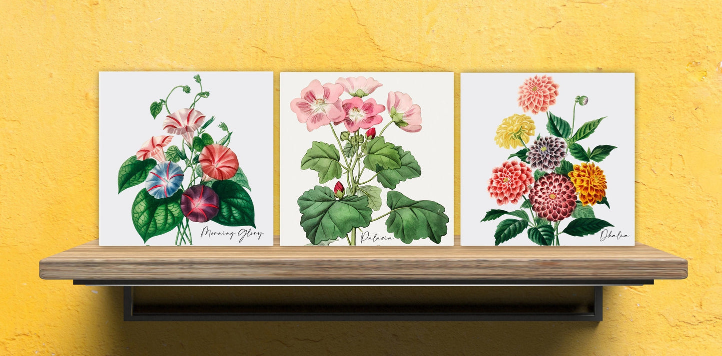 Vintage Botanical Print Ceramic Tiles - Set of 3 Ceramic Decor Tiles - Kitchen Backsplash Tiles, Bathroom Tiles, Botanical wall art