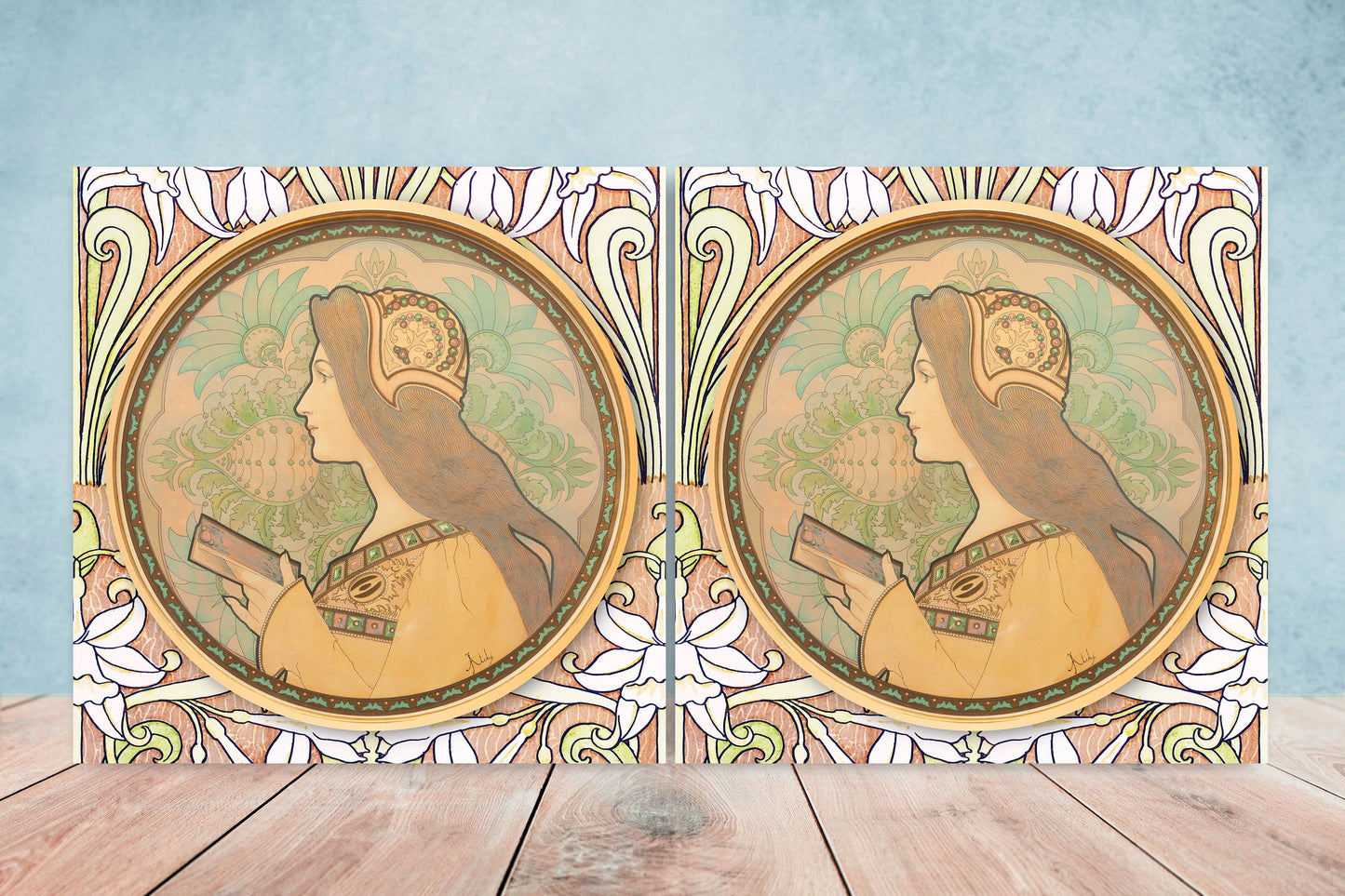 Art Nouveau Flower Ceramic tiles - Set of 2 Art Nouveau Wall Decor Tiles - Kitchen Backsplash Tiles, Table Decorative Tiles, Bathroom Tiles