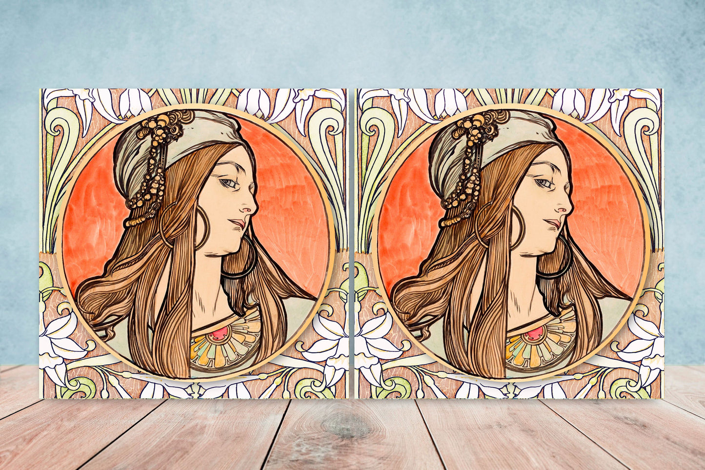 Art Nouveau Flower Ceramic tiles - Set of 2 Art Nouveau Wall Decor Tiles - Kitchen Backsplash Tiles, Table Decorative Tiles, Bathroom Tiles