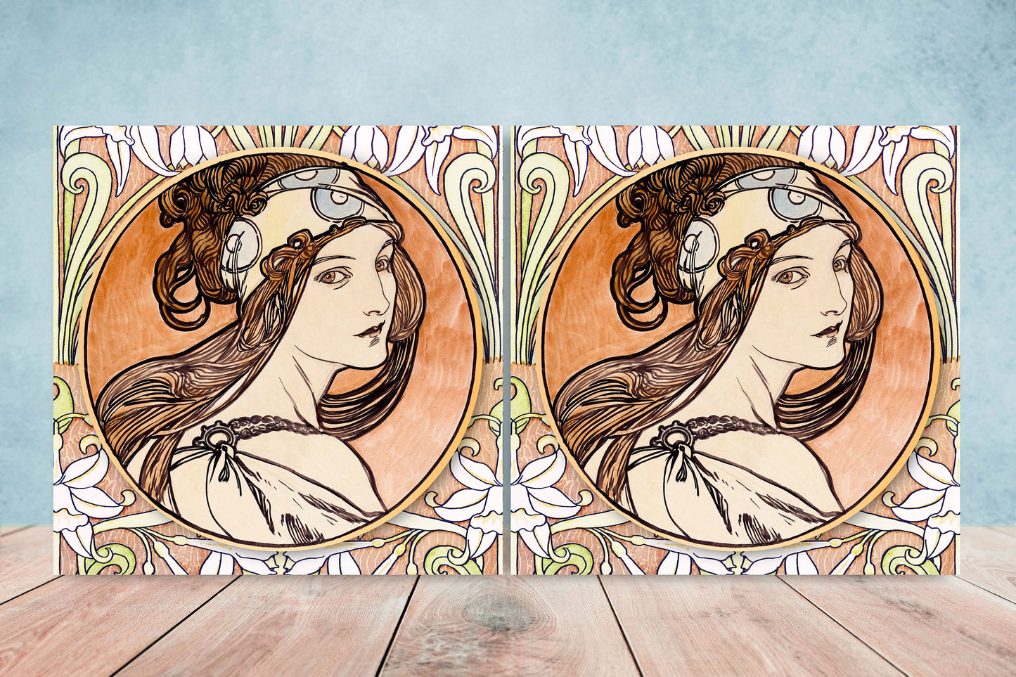 Art Nouveau Flower Ceramic tiles - Set of 2 Art Nouveau Wall Decor Tiles - Kitchen Backsplash Tiles, Table Decorative Tiles, Bathroom Tiles