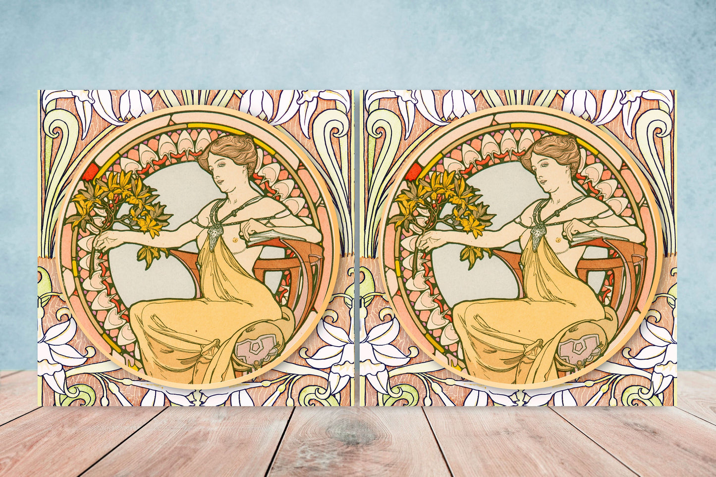 Art Nouveau Flower Ceramic tiles - Set of 2 Art Nouveau Wall Decor Tiles - Kitchen Backsplash Tiles, Table Decorative Tiles, Bathroom Tiles