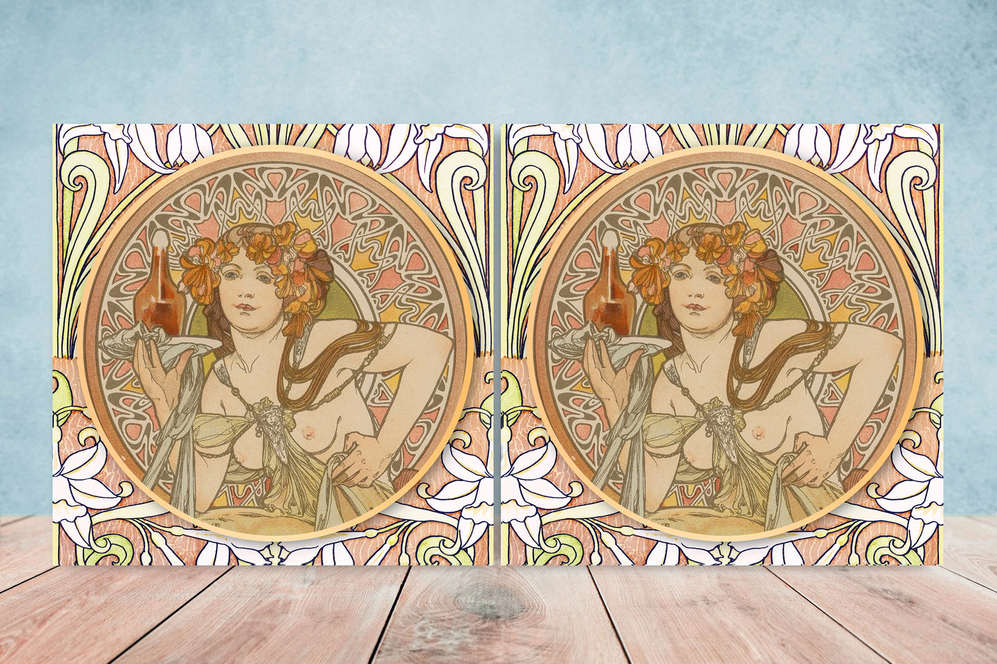Art Nouveau Flower Ceramic tiles - Set of 2 Art Nouveau Wall Decor Tiles - Kitchen Backsplash Tiles, Table Decorative Tiles, Bathroom Tiles