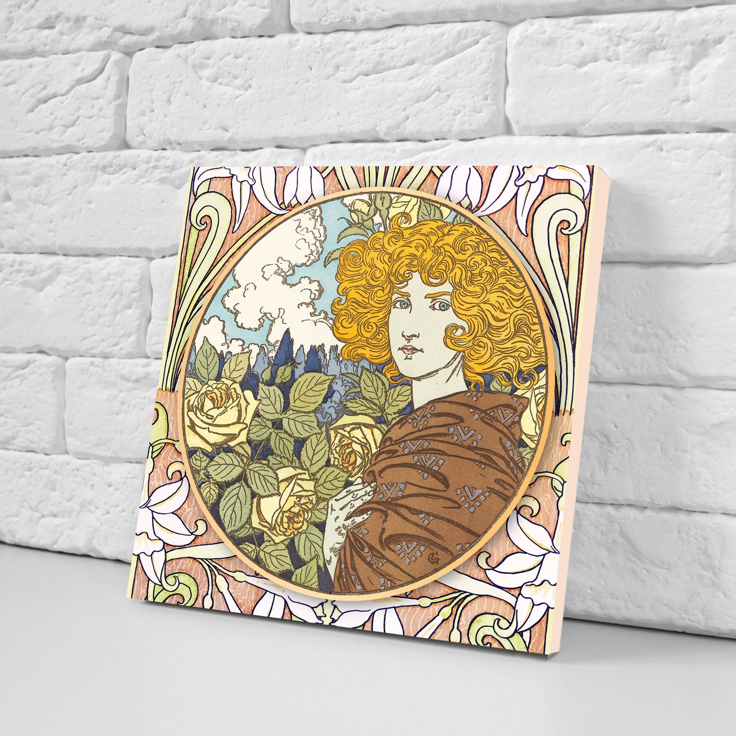 Art Nouveau Flower Ceramic tiles - Set of 2 Art Nouveau Wall Decor Tiles - Kitchen Backsplash Tiles, Table Decorative Tiles, Bathroom Tiles
