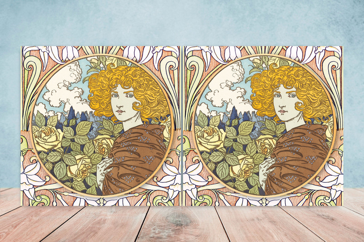 Art Nouveau Flower Ceramic tiles - Set of 2 Art Nouveau Wall Decor Tiles - Kitchen Backsplash Tiles, Table Decorative Tiles, Bathroom Tiles
