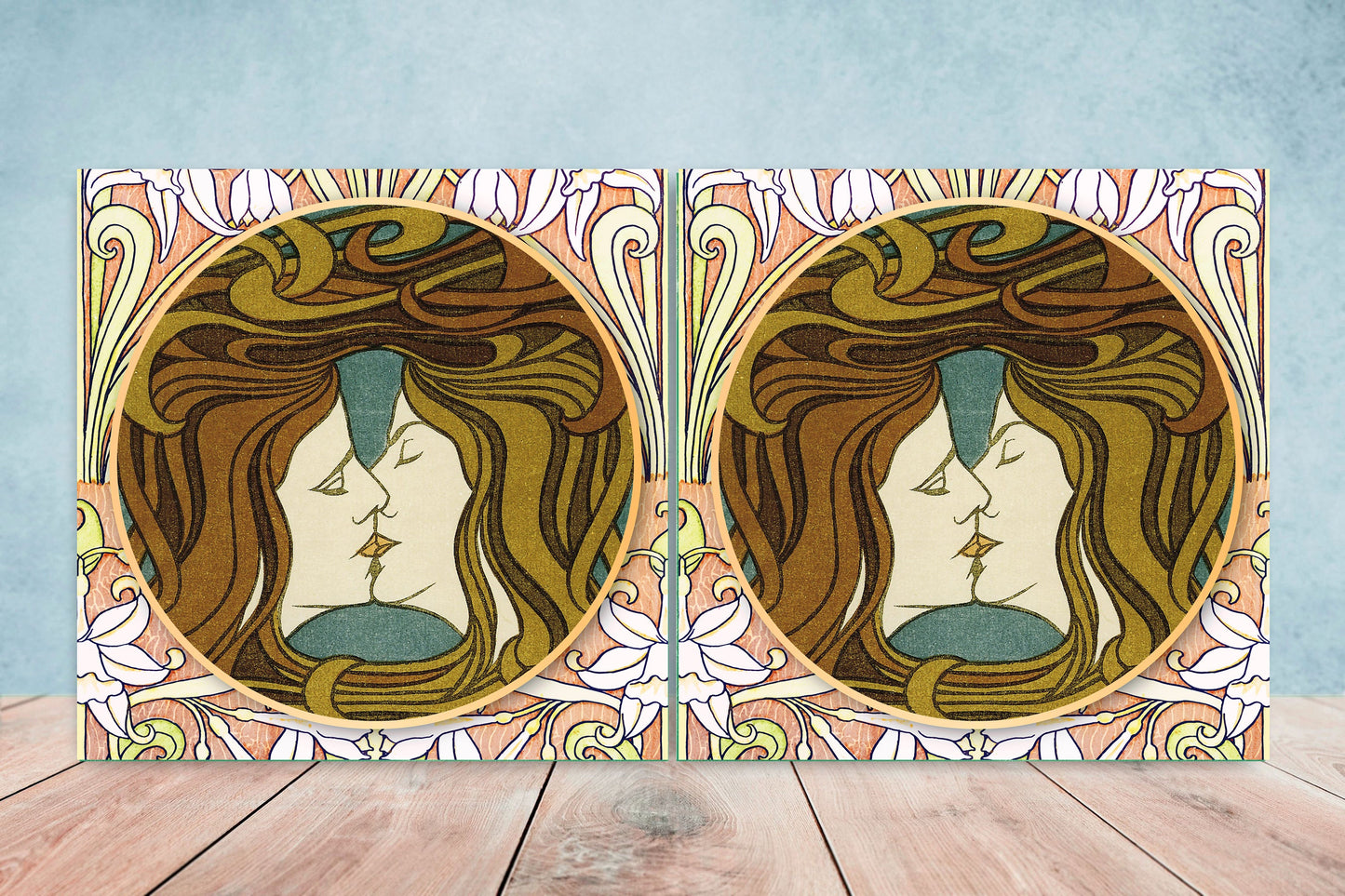 Art Nouveau Flower Ceramic tiles - Set of 2 Art Nouveau Wall Decor Tiles - Kitchen Backsplash Tiles, Table Decorative Tiles, Bathroom Tiles