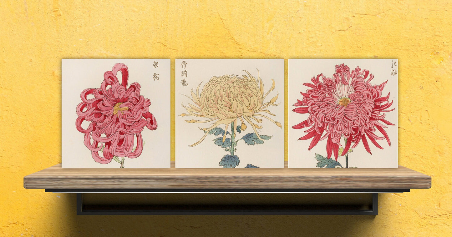 Vintage Japanese Botanical Print Ceramic Tiles - Set of 3 Ceramic Decor Tiles - Kitchen Backsplash Tiles, Bathroom Tiles, Botanical wall art