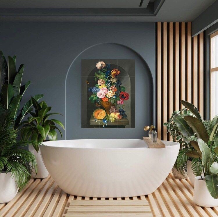 Tile Mural/Mosaic Ceramic Panel of a Vase of flowers with fruit and butterfly - Flowers wall print - Tile Mural -Floral print -Tile Mosaic