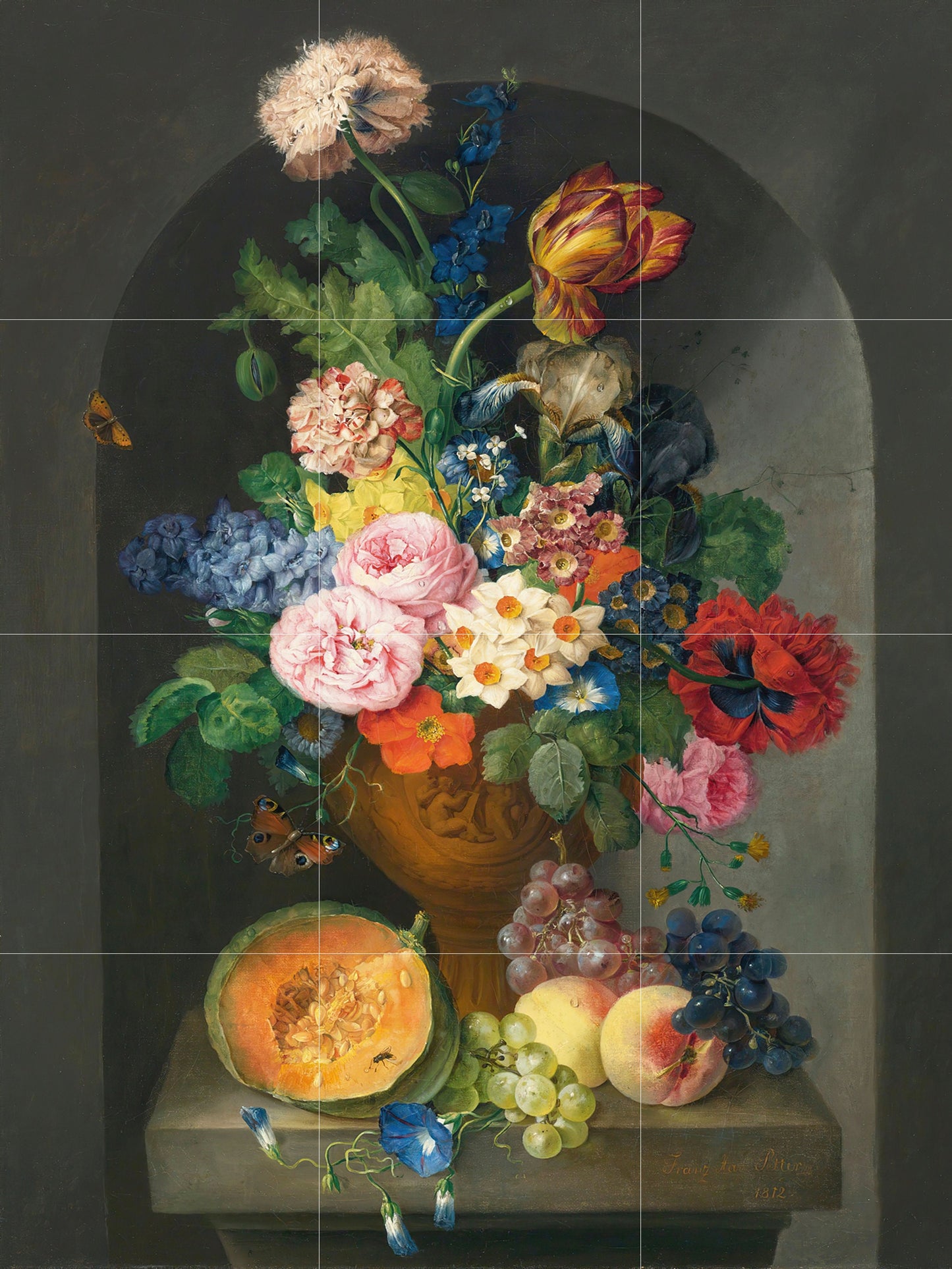 Tile Mural/Mosaic Ceramic Panel of a Vase of flowers with fruit and butterfly - Flowers wall print - Tile Mural -Floral print -Tile Mosaic