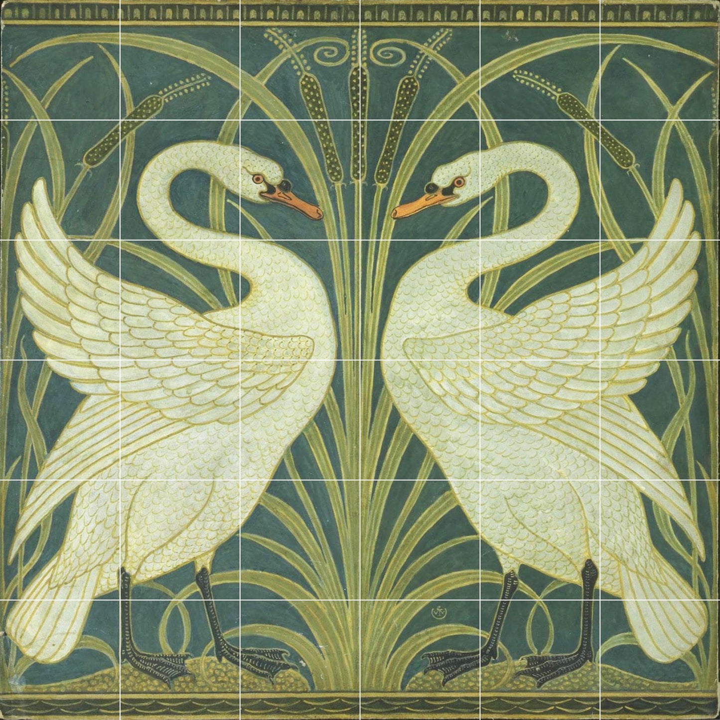 Tile Mural/Mosaic Ceramic Panel of Walter Crane Swan, Rush and Iris- Walter Crane wall art -Art Nouveau Tile Mural -Crane print -Tile Mosaic