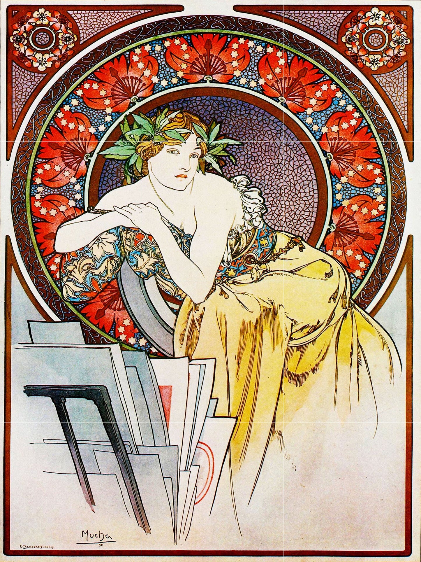 Tile Mural/Mosaic Ceramic Panel of a Woman with Poppies - Alphonse Mucha Print - Vintage Art Nouveau Wall Art - Tile Mosaic - Tile Mural