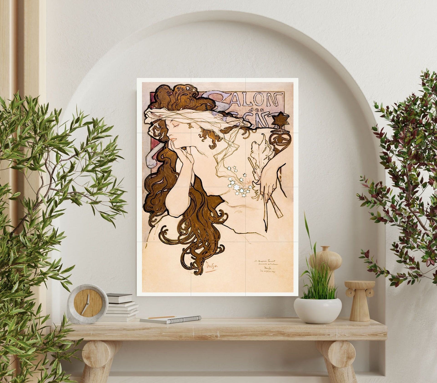 Tile Mural/Mosaic Ceramic Panel of Salon des Cent - Alphonse Mucha Prints - Vintage Art Nouveau Wall Art - Woman Art Nouveau Tile Mosaic