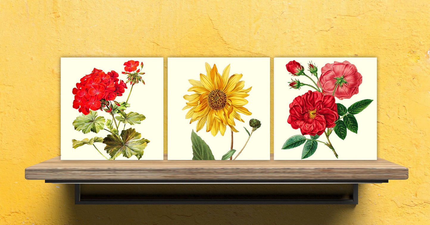 Vintage Botanical Print Ceramic Tiles - Set of 3 Ceramic Decor Tiles - Kitchen Backsplash Tiles, Bathroom Tiles, Botanical wall art