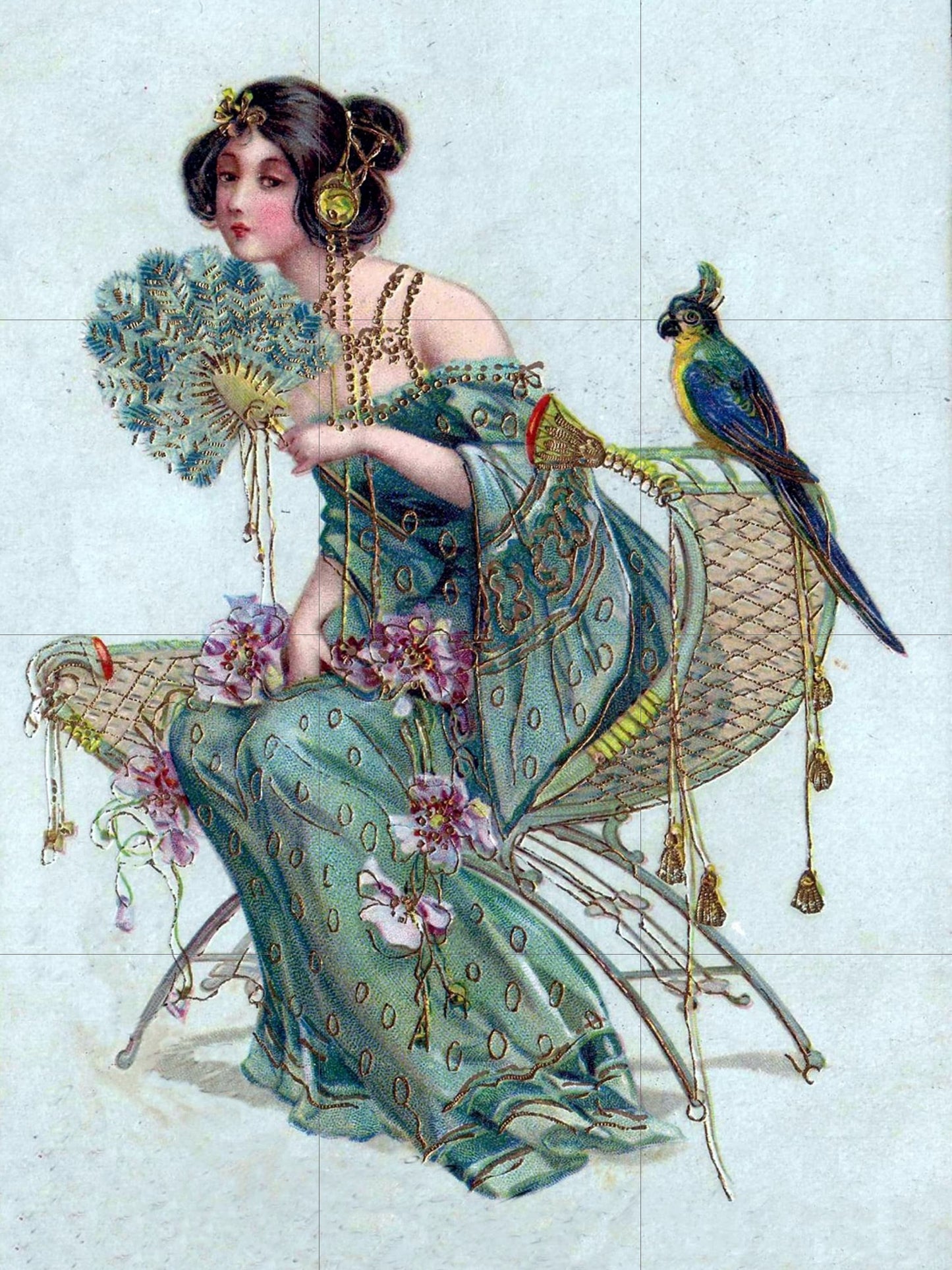 Tile Mural/Mosaic Ceramic Panel of Lady with Parrot - Alphonse Mucha Prints - Vintage Art Nouveau Wall Art - Woman Art Nouveau Tile Mosaic