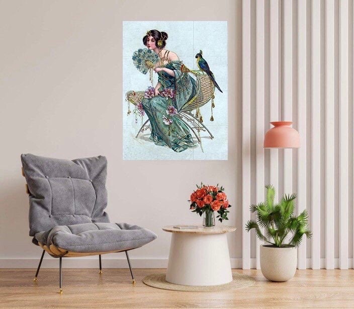 Tile Mural/Mosaic Ceramic Panel of Lady with Parrot - Alphonse Mucha Prints - Vintage Art Nouveau Wall Art - Woman Art Nouveau Tile Mosaic