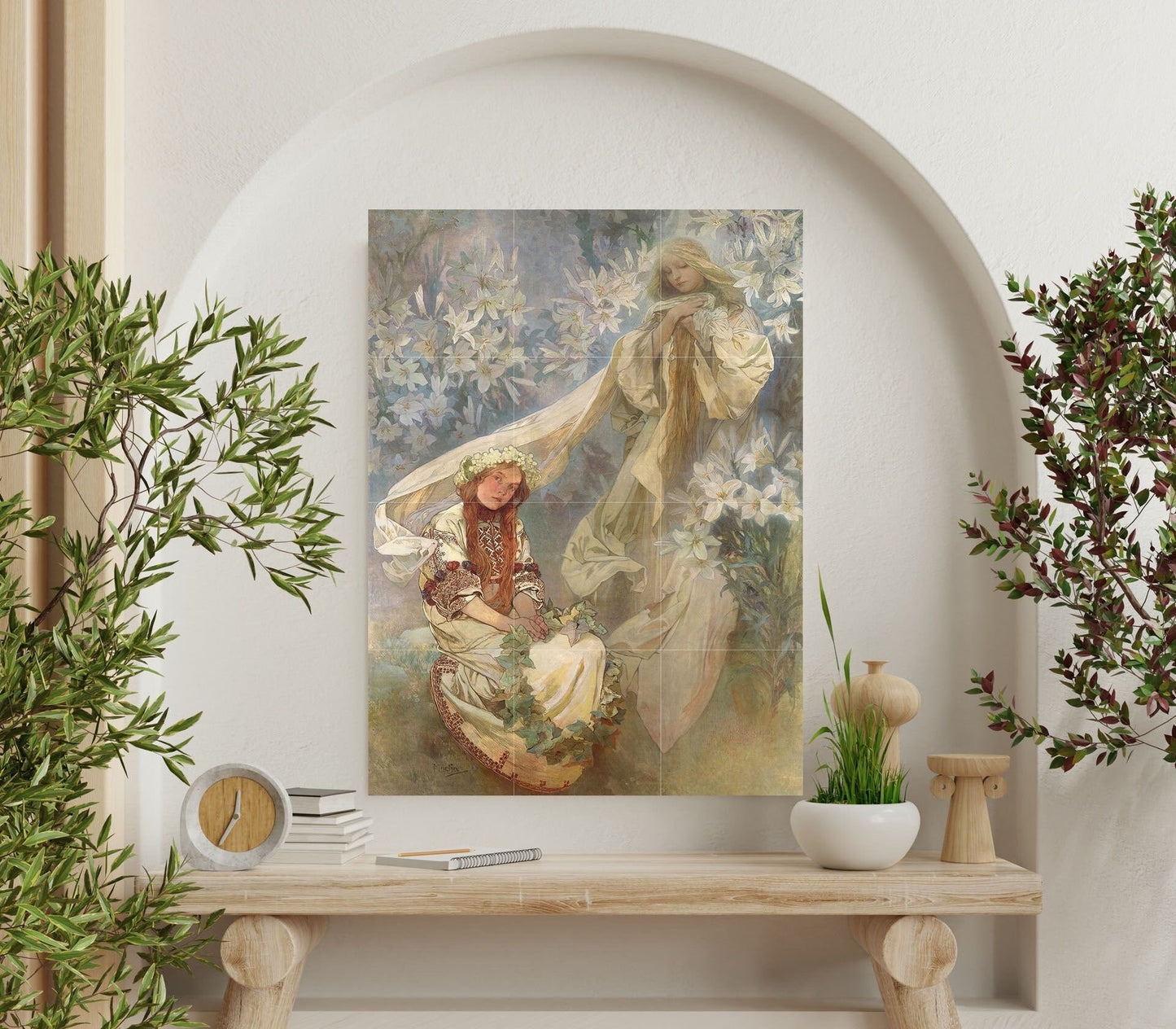 Tile Mural/Mosaic Ceramic Panel of Lady Madonna - Alphonse Mucha Prints - Vintage Art Nouveau Wall Art - Woman Art Nouveau Tile Mosaic