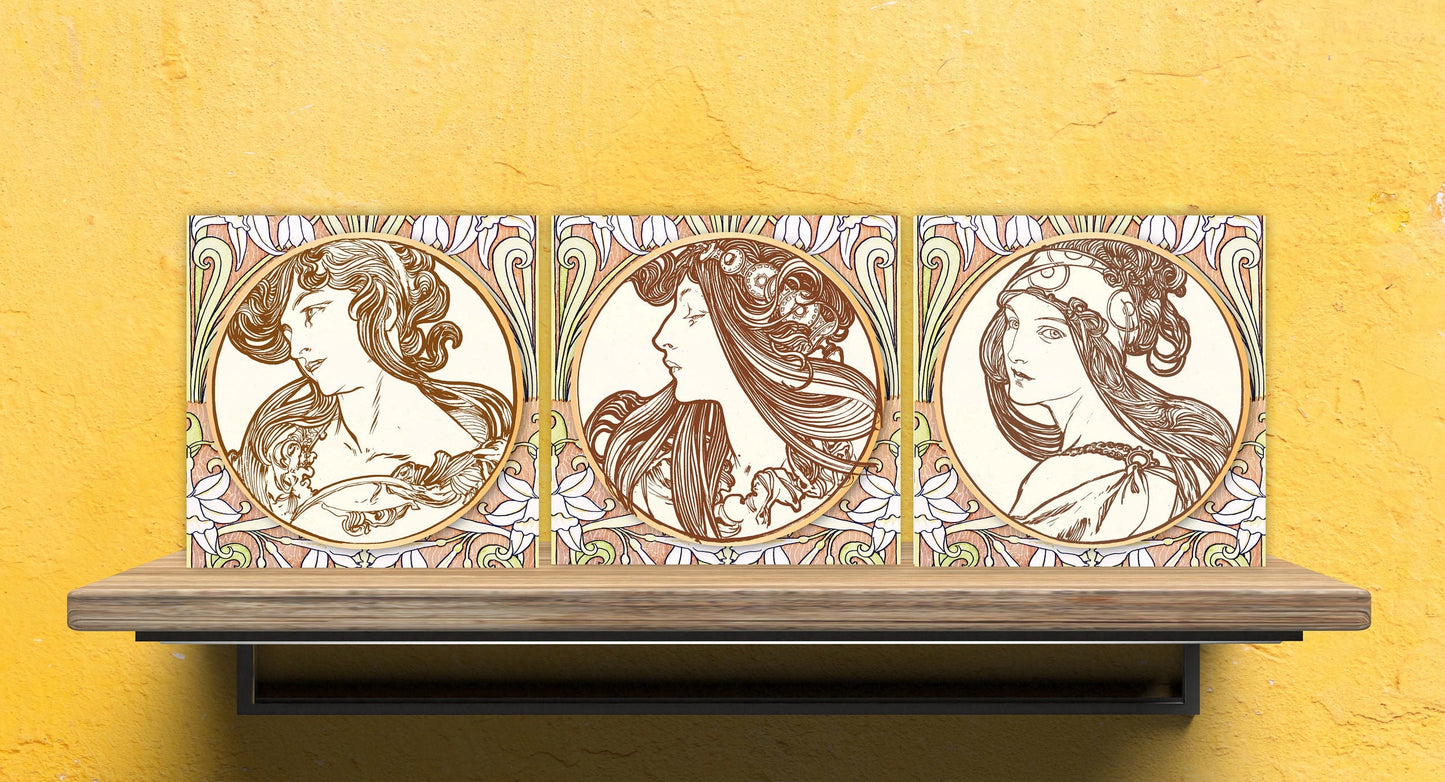 Art Nouveau Set of 3 Ceramic tiles,Ceramic Decor Tiles,Kitchen Backsplash Tiles, Bathroom Tiles, Art Nouveau print, Alphonse Mucha print