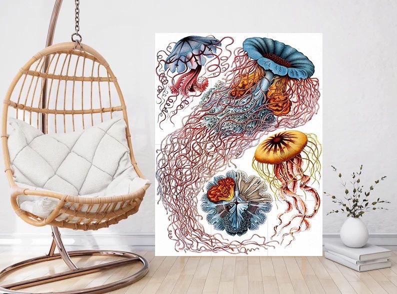 Tile Mural/Mosaic Ceramic Panel of Jellyfish - Sea Creatures -Vintage Sea Life Print - Ernst Haeckel Print Vintage Illustration - Ocean Life