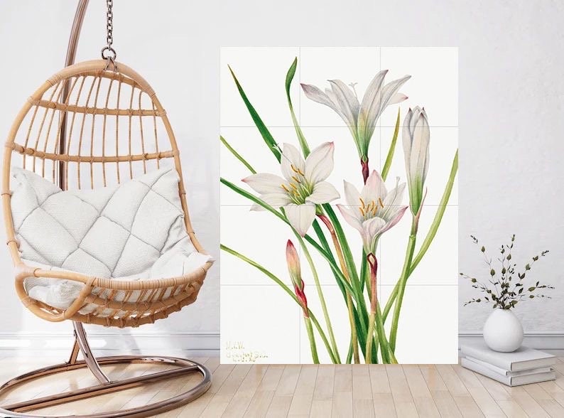 Tile Mural/Mosaic Ceramic Panel of Atamasco Lily - Mary Vaux Walcott - Flower Wall Art - Vintage Botanical Print - Floral Art - Lily Print