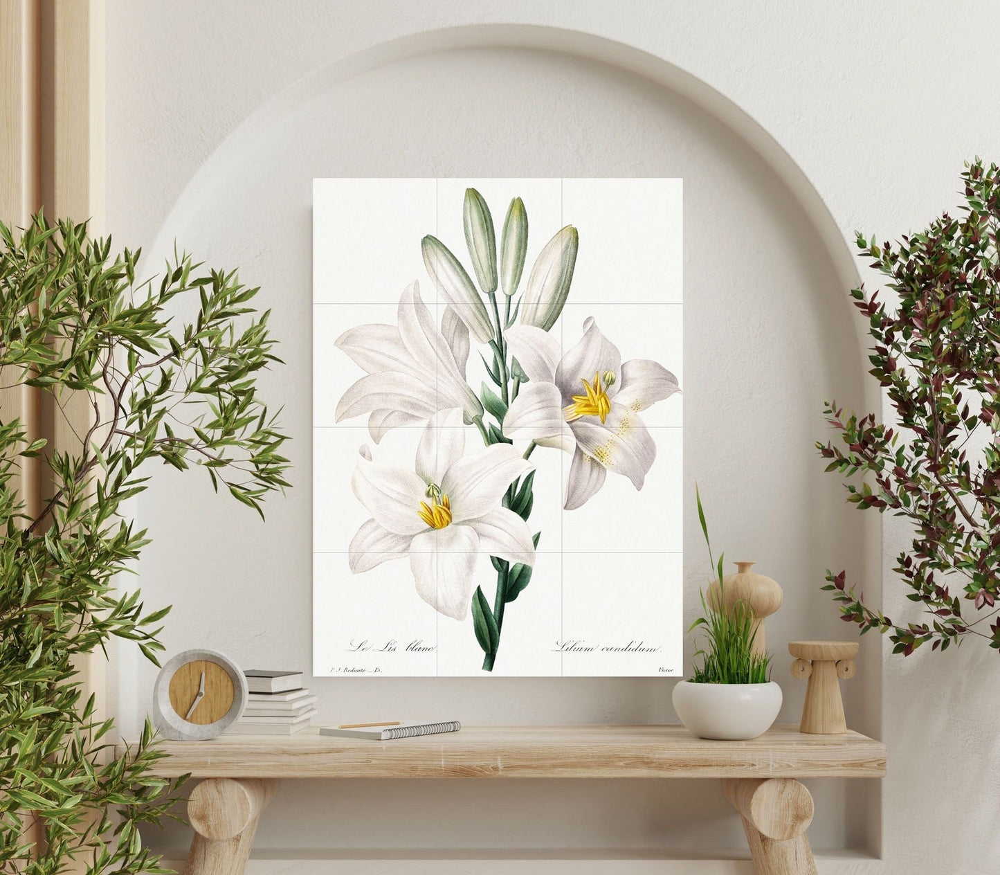 Tile Mural/Mosaic Ceramic Panel of Madonna Lily - Pierre-Joseph Redoute - Flower Wall Art - Vintage Botanical Print - Lily Print Home Decor