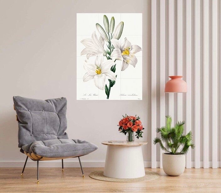 Tile Mural/Mosaic Ceramic Panel of Madonna Lily - Pierre-Joseph Redoute - Flower Wall Art - Vintage Botanical Print - Lily Print Home Decor