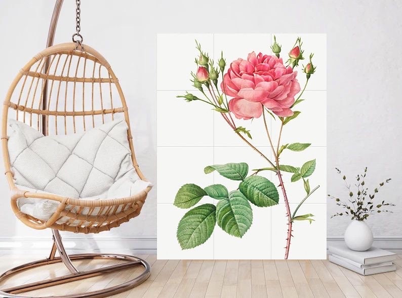 Tile Mural/Mosaic Ceramic Panel of Rose - Pierre-Joseph Redoute - Flower Wall Art - Vintage Botanical Print - Roses Print Home Decor