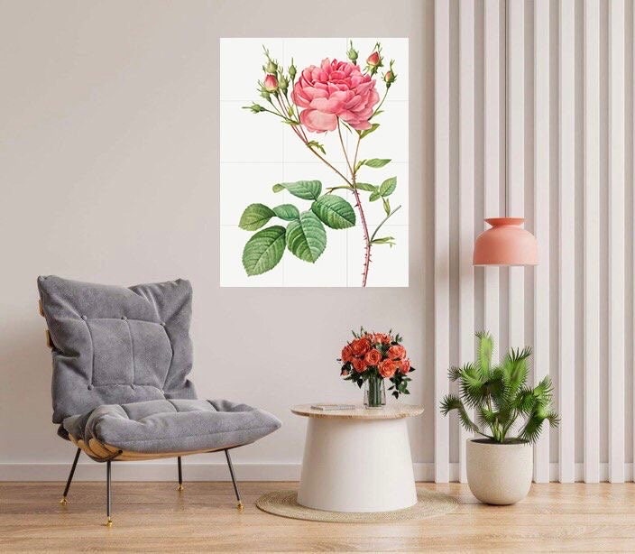 Tile Mural/Mosaic Ceramic Panel of Rose - Pierre-Joseph Redoute - Flower Wall Art - Vintage Botanical Print - Roses Print Home Decor