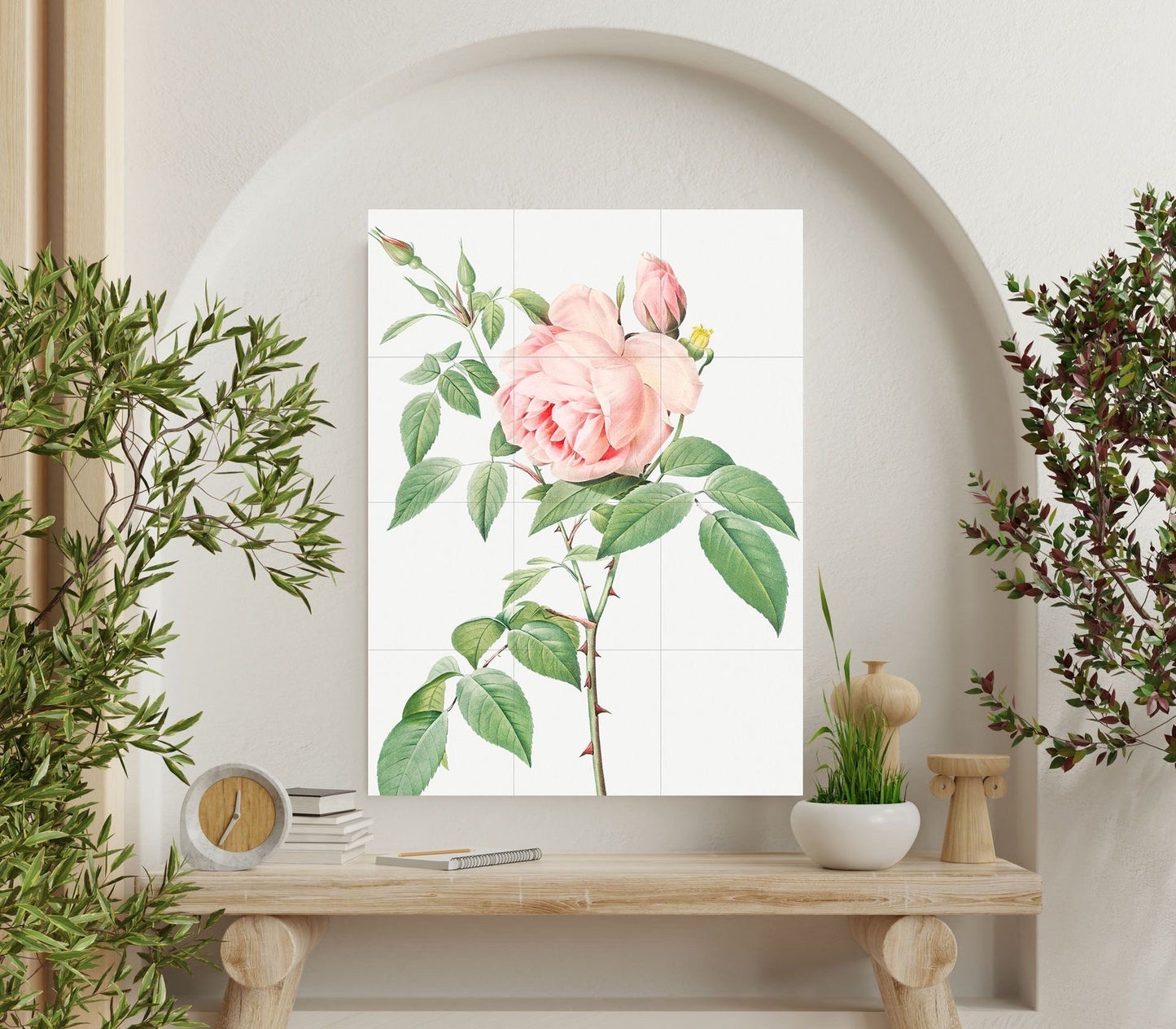 Tile Mural/Mosaic Ceramic Panel of Rose - Pierre-Joseph Redoute - Flower Wall Art - Vintage Botanical Print - Roses Print Home Decor