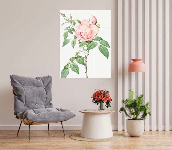Tile Mural/Mosaic Ceramic Panel of Rose - Pierre-Joseph Redoute - Flower Wall Art - Vintage Botanical Print - Roses Print Home Decor
