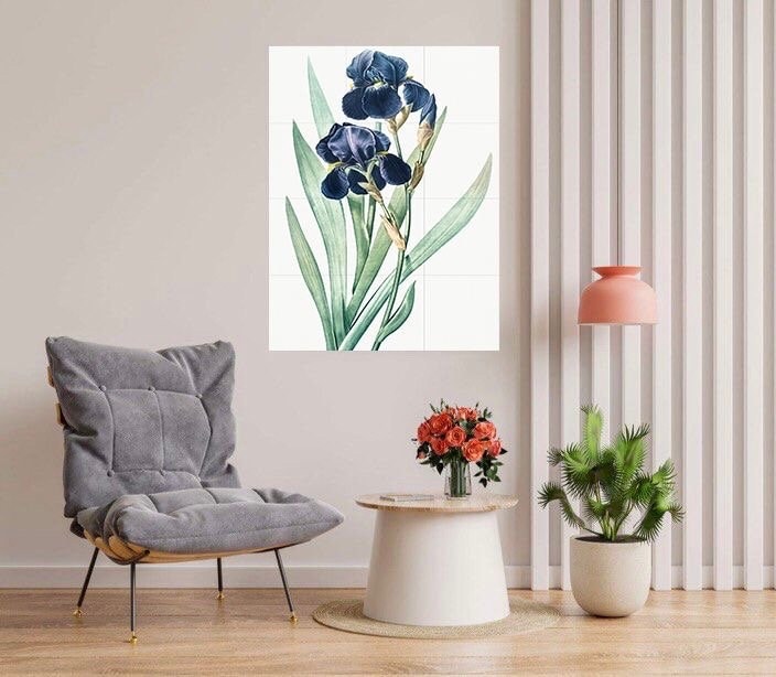 Tile Mural/Mosaic Ceramic Panel German Iris Flower - Pierre-Joseph Redoute - Flower Wall Art - Vintage Botanical Print - Floral Wall Art