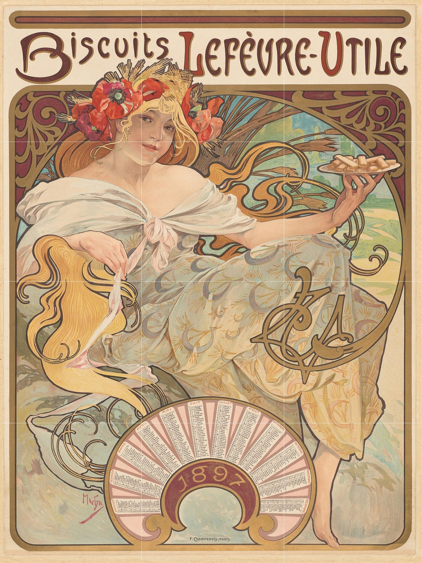 Tile Mural/Mosaic Ceramic Panel of Biscuits Lefevre Utile - Alphonse Mucha Prints - Vintage Art Nouveau Wall Art - Tile Mosaic - Tile Mural