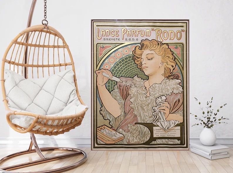Tile Mural/Mosaic Ceramic Panel of Lance Parfum Rodo - Alphonse Mucha Prints - Vintage Art Nouveau Wall Art - Tile Mosaic - Art Nouveau Deco
