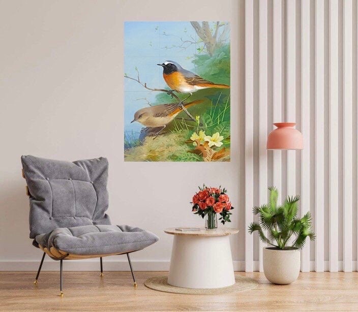 Tile Mural/Mosaic Ceramic Panel of a Pair of Redstarts - Archibald Thorburn print- Birds Mural -Bird Mosaic -Redstarts Wall Art -Gloss Tiles