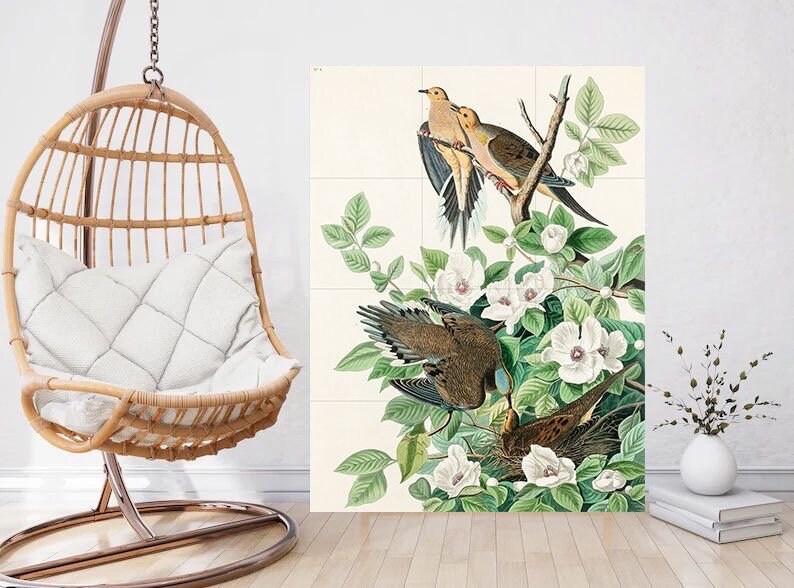Tile Mural/Mosaic Ceramic Panel of Carolina Pigeon Birds -John James Audubon- Bird Print - Bird Mural -Bird and Flower Decor - Bird Wall Art