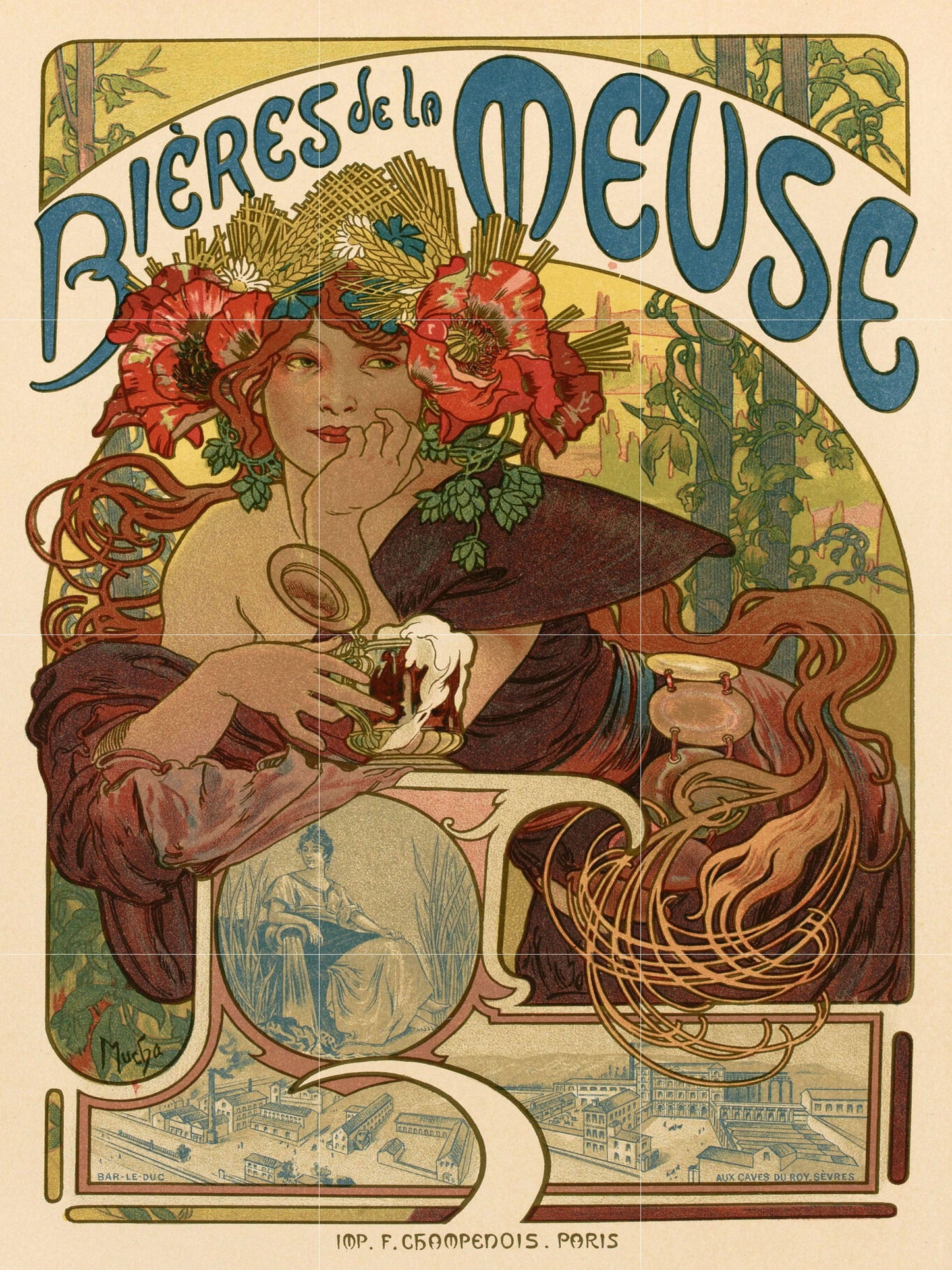 Tile Mural/Mosaic Ceramic Panel of Biere de La Meuse - Alphonse Mucha Prints -Vintage Art Nouveau Wall Art - Tile Mosaic - Tile Mural