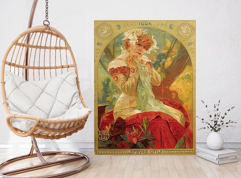 Tile Mural/Mosaic Ceramic Panel of Lefevre-Utile Sarah Bernhardt - Alphonse Mucha Prints - Vintage Art Nouveau Wall Art - Tile Mosaic