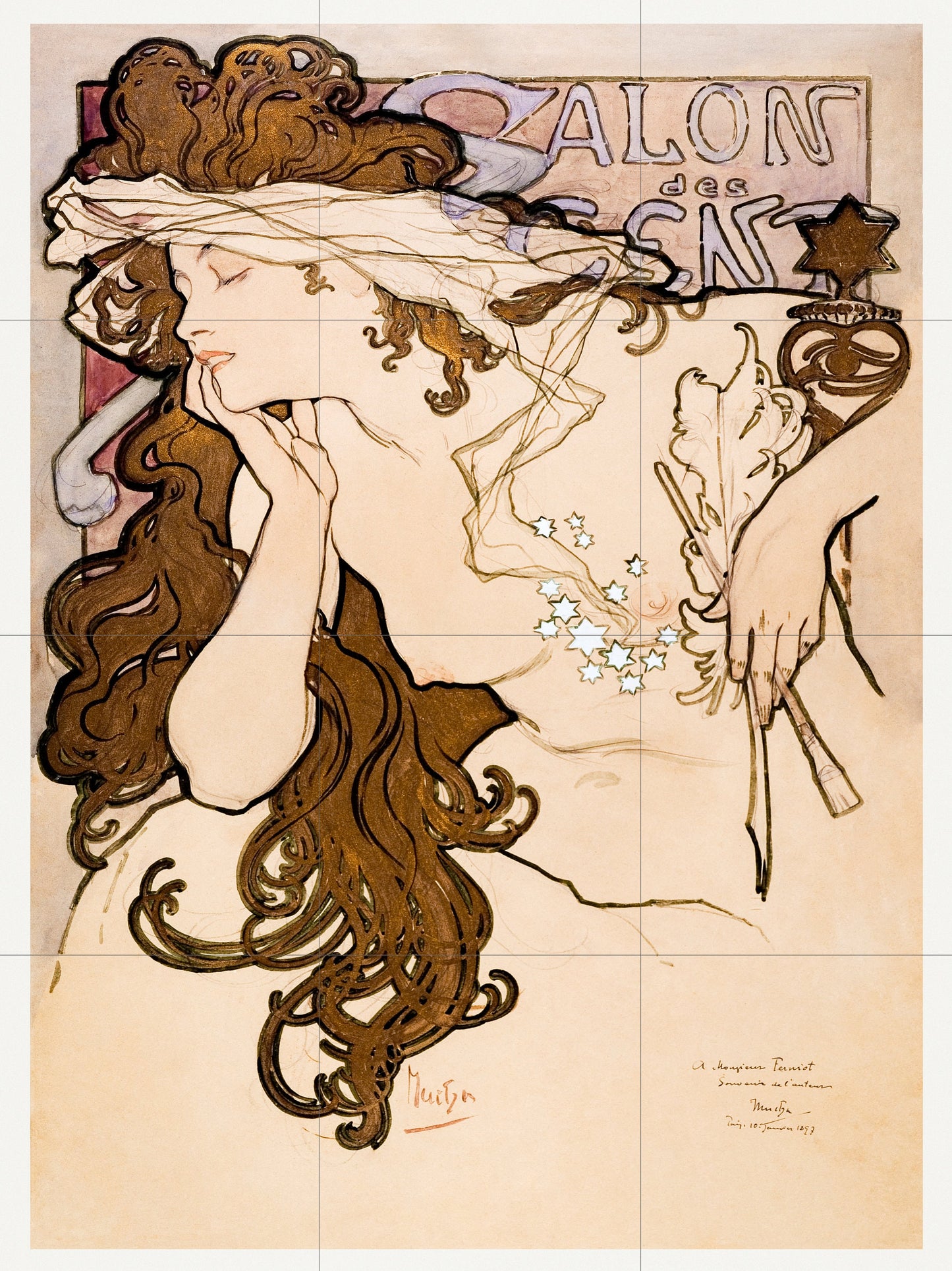 Tile Mural/Mosaic Ceramic Panel of Salon des Cent - Alphonse Mucha Prints - Vintage Art Nouveau Wall Art - Woman Art Nouveau Tile Mosaic